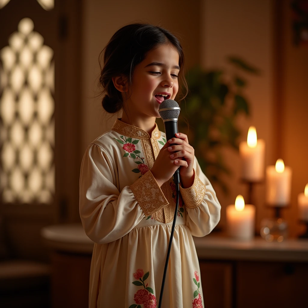 Lily, (highest quality, 4k, masterpiece:1.3), A young Pakistani Muslim girl singing into a microphone, wearing a traditional shalwar kameez with floral embroidery, hair neatly styled in a low bun with loose strands framing her face. She stands confidently, holding the microphone close to her mouth with both hands, eyes closed as she sings passionately. The focus is on her, with warm lighting highlighting her expression, blurred candles and intricate window patterns softly glowing in the background, minimal view of surroundings, emphasizing the singing moment, soft shadows, intimate and serene atmosphere.