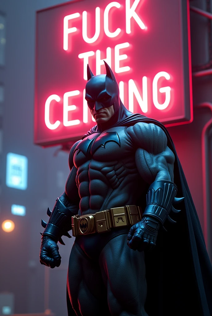 Batman (Dc comics), a giant red neon sign reading "Fuck the Sealing", hiperrealisitics, realisitic, a very muscular body in the renatosphere, epic 3D realism, swollen muscles, large fists, best in wlop, kan liu, daz3d, trends in CGsociety, estilo realisitic hiperdetalhado, completo cosplay, by Ric Nagualero, album, hyung tae kim, 8k, irreal engine 5, film composition, retratos realisitics hiperdetalhados, 3D game art, CG Society, Fantasyart, hd art of season, estética realisitic, cinematic lighting, border light, smooth light, border light de filme, fine glow, ultradetailed, 8k, uso realisitic de luz e cor, cinematic light, rendered in cinema4d 500–1000 AD -- ar 3:4- Niji 6