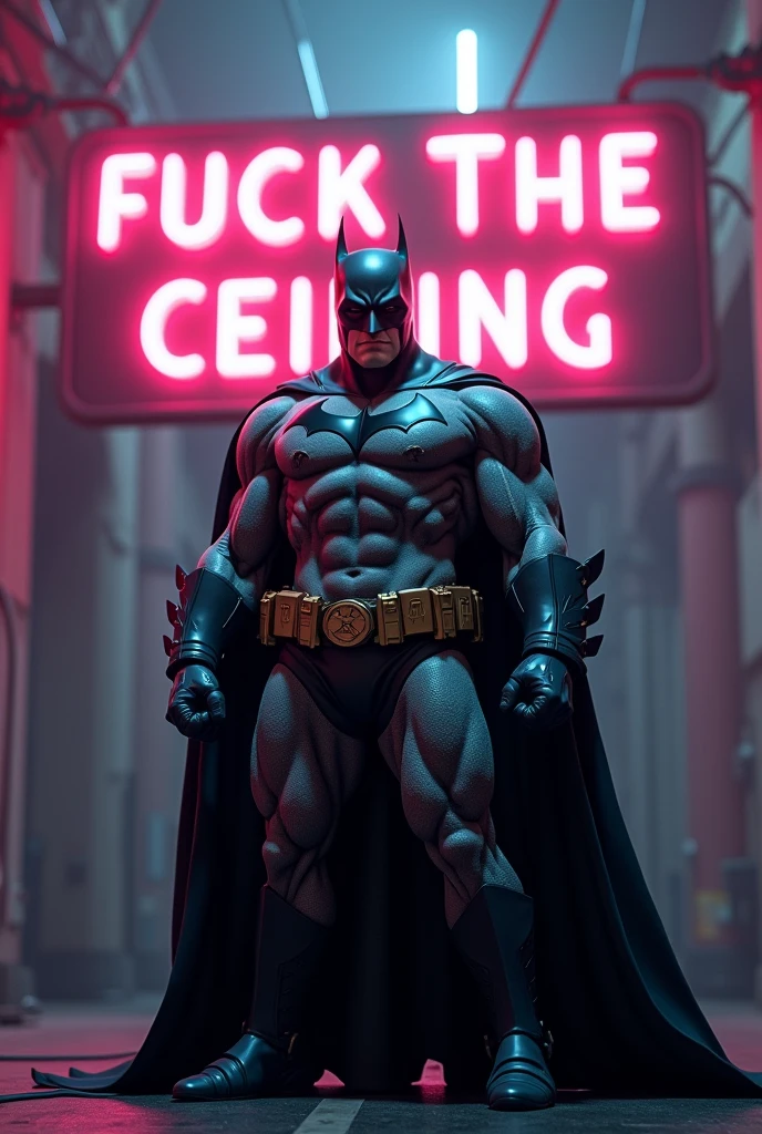 Batman (Dc comics), a giant red neon sign reading "Fuck the Sealing", hiperrealisitics, realisitic, a very muscular body in the renatosphere, epic 3D realism, swollen muscles, large fists, best in wlop, kan liu, daz3d, trends in CGsociety, estilo realisitic hiperdetalhado, completo cosplay, by Ric Nagualero, album, hyung tae kim, 8k, irreal engine 5, film composition, retratos realisitics hiperdetalhados, 3D game art, CG Society, Fantasyart, hd art of season, estética realisitic, cinematic lighting, border light, smooth light, border light de filme, fine glow, ultradetailed, 8k, uso realisitic de luz e cor, cinematic light, rendered in cinema4d 500–1000 AD -- ar 3:4- Niji 6
