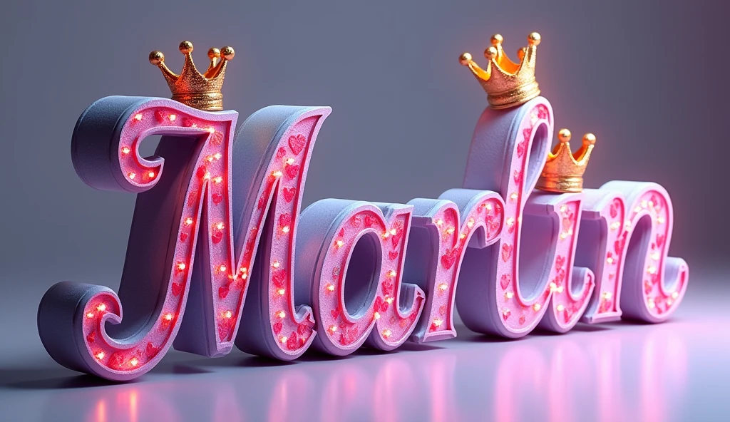 A hyper-realistic, high-resolution image of a 3D illustration that masterfully showcases the 3d name "Marlin" in mesmerizing, opulent lettering. The fuchsia, purple, and white font is embellished with swirling patterns, neon red hearts, and resplendent gold-glowing crowns on each letter, exuding a sense of regal grace and elegance. The composition delicately tilts towards the right, drawing the viewer in with its luxurious shapes and depth. The muted background harmoniously complements the vibrant colors and intricate details, creating a visually striking balance. This captivating portrait pays tribute to the cherished city of Toronto, demonstrating the artist's remarkable talent and expertise in combining photography, 3D rendering, and illustration.