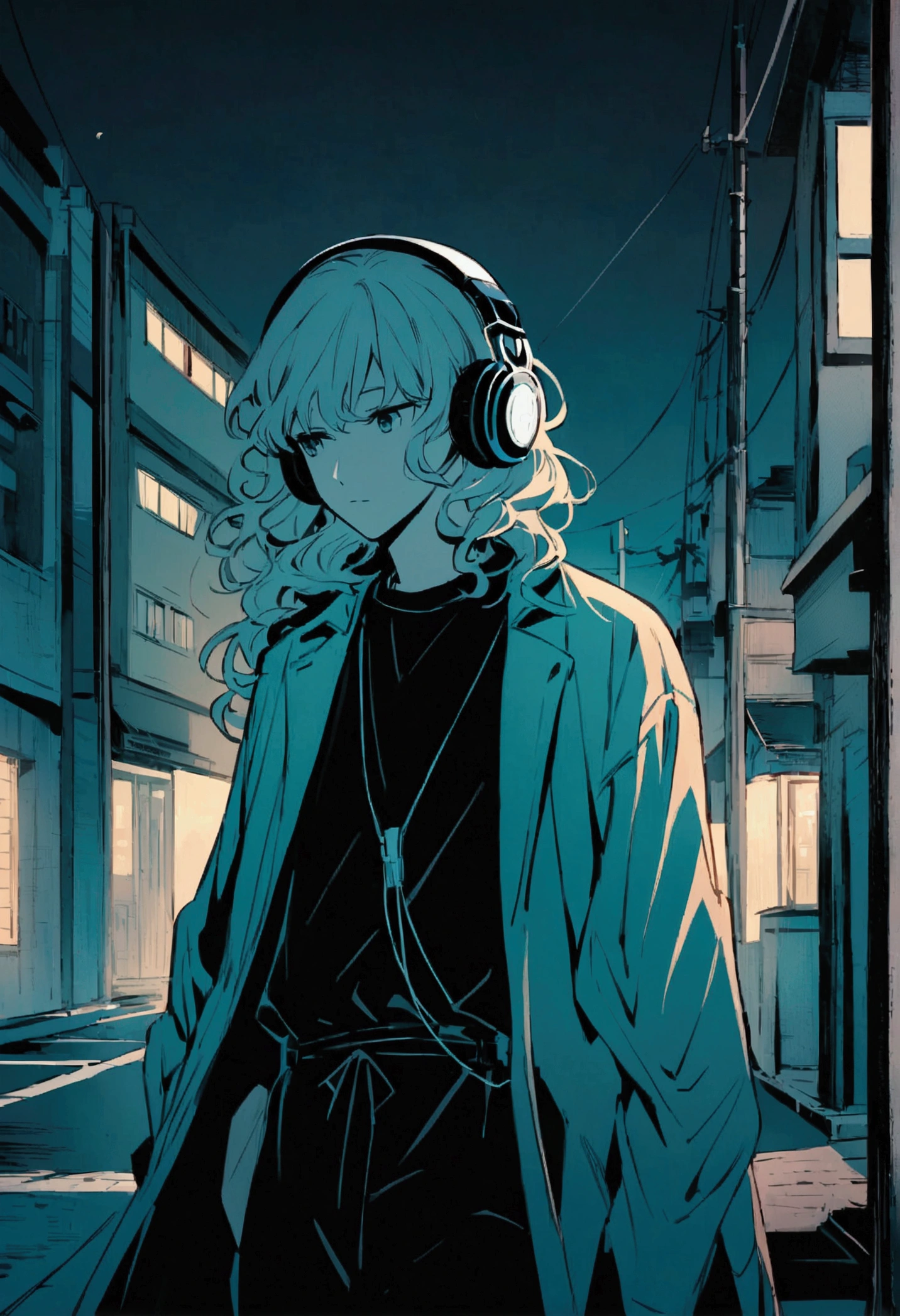 Anime style illustration of a boy. he長い間, She has light wavy hair and is wearing headphones. he、Dressed casually with a dark shirt and loose coat over his clothing。. In the background there is a street with buildings and utility poles., Beautifully drawn, With minimalist lines. The overall color scheme is soft and dark., Gives the image a calm and relaxing feel."Music logo