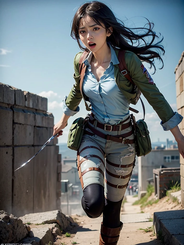 anime「Attack on Titan」Shasa's, Shoulder-length hair, Brown Hair, ponytail, beautiful, beautiful woman, Perfect body, Perfect breasts, Wearing a white formal shirt, Black blazer, Black trousers, Carry a bag, wearing a watch, earrings wearing earrings, In public, Creatures of Tokyo City, Being on the street, Smiling and looking at the viewer, realism, masterpiece, Textured Leather, Very detailed, Attention to detail, high quality, 最high quality, 1080P, 16K
