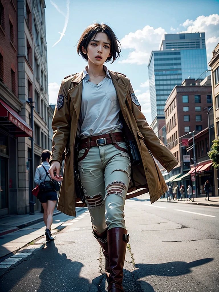 anime「Attack on Titan」Shasa's, Shoulder-length hair, Brown Hair, ponytail, beautiful, beautiful woman, Perfect body, Perfect breasts, Wearing a white formal shirt, Black blazer, Black trousers, Carry a bag, wearing a watch, earrings wearing earrings, In public, Creatures of Tokyo City, Being on the street, Smiling and looking at the viewer, realism, masterpiece, Textured Leather, Very detailed, Attention to detail, high quality, 最high quality, 1080P, 16K