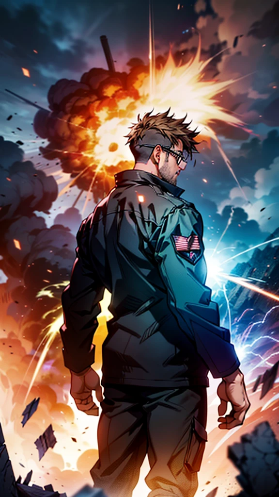 Main character:
Appearance: Young man, tall and thin. Ligth brown hair, well combed. Brown beard, trimmed and well maintained. Perfect fingers. Accessories: Glasses to see, with modern frames. Clothing: Black tactical suit, fitted and designed to highlight your athletic figure.
Scenario: Explosion in the background: A large explosion occupies the center of a square. Fire and debris are thrown into the air, capturing the chaos of the moment. The sky lights up in an intense orange glow from the explosion. Nearby buildings and structures are partially silhouetted by the bright light of the detonation. Visual style:
Quality: High Definition (HD), with sharp details in all elements.
Lighting: The glow from the explosion illuminates the character from behind, creating a dramatic contrast.
Tone: Epic and cinematic 8k, with an emphasis on the serenity of the character against the chaos of the background. Ultra high definition, high resolution, extremely CG details, animated style, cinematic portrait photography, masterpiece, hyper detail
