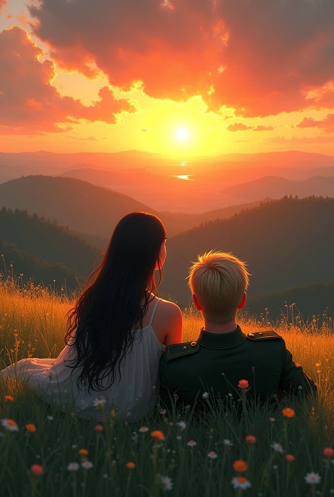 create a scene of a sunset from the top of a hill with a girl with long black hair and a strong military soldier with blond hair lying on the grass watching the sunset