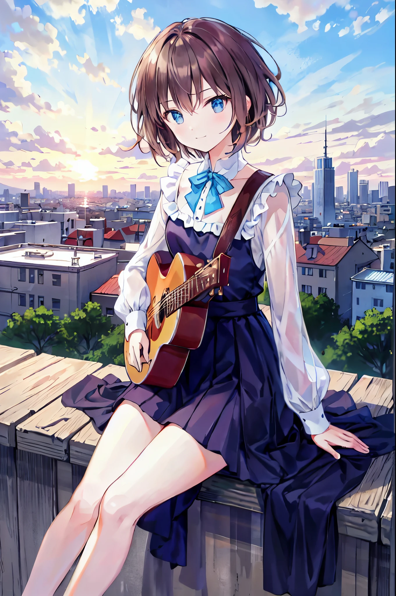 Brown Hair，Shortcuts，Messy Hair，Slender beauty，A dignified posture，Small chest，Beautiful feet，Her captivating grey-blue eyes shine like stars，beautiful girl，Tabletop, Highest quality,shape, wallpaper, Super detailed, Absurd,  , alone, (Medium Short Hair、play the guitar、smile、Overlooking the city from the top of the hill、The sunset is beautiful