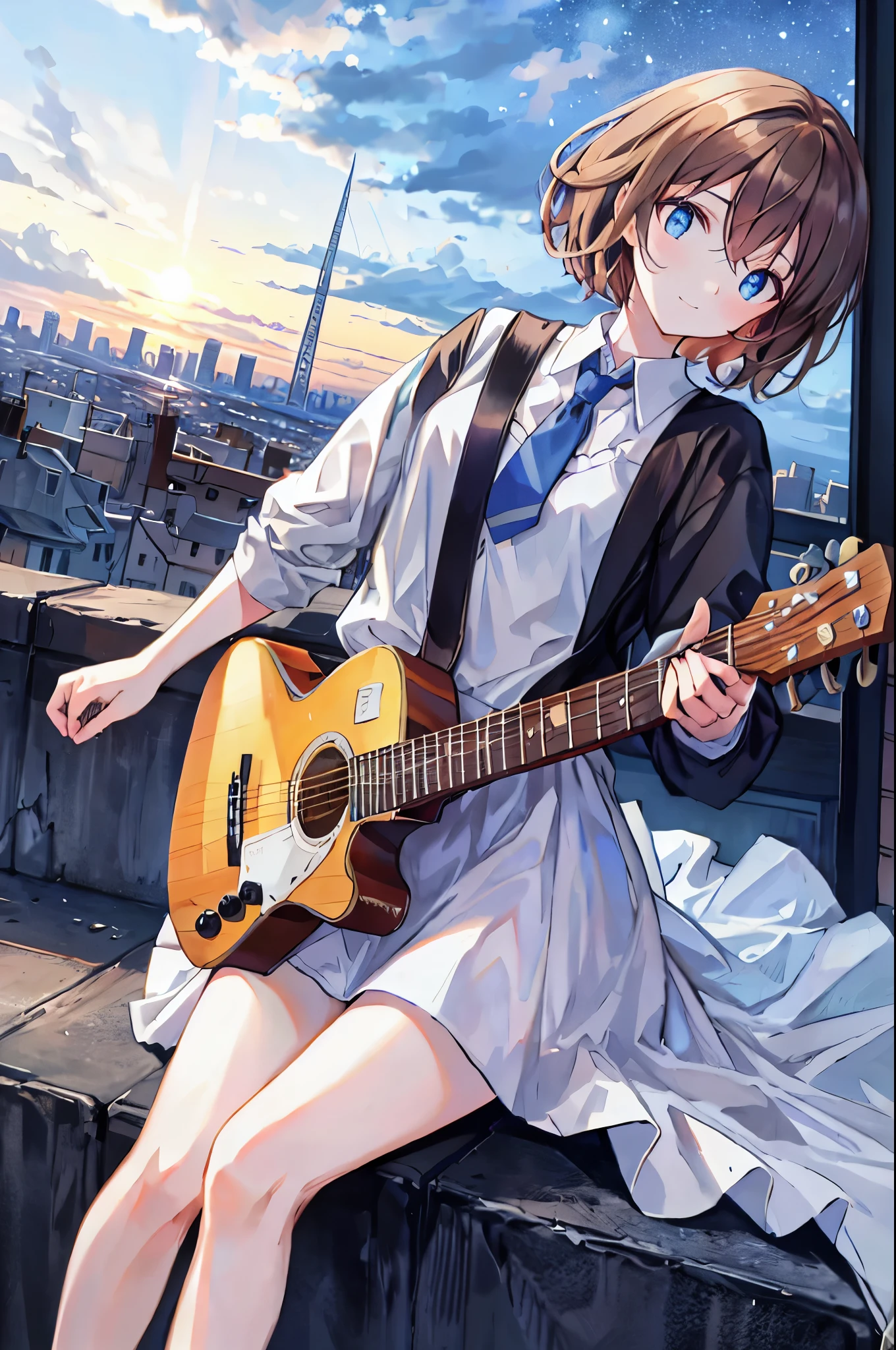 Brown Hair，Shortcuts，Messy Hair，Slender beauty，A dignified posture，Small chest，Beautiful feet，Her captivating grey-blue eyes shine like stars，beautiful girl，Tabletop, Highest quality,shape, wallpaper, Super detailed, Absurd,  , alone, (Medium Short Hair、play the guitar、smile、Overlooking the city from the top of the hill、The sunset is beautiful