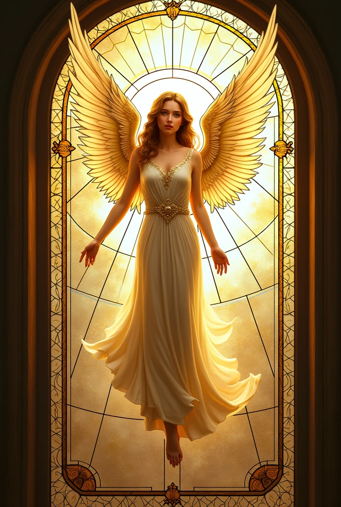 Generate a image of an Angel on a stain glass window, use colors White, gold & yellow accents. Entire image needs to be a stain glass window
