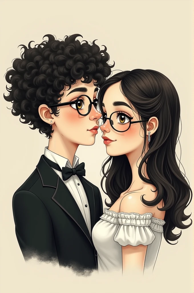Victorian style illustration of a white couple,Black curly haired boy with glasses next to a straight haired girl with glasses