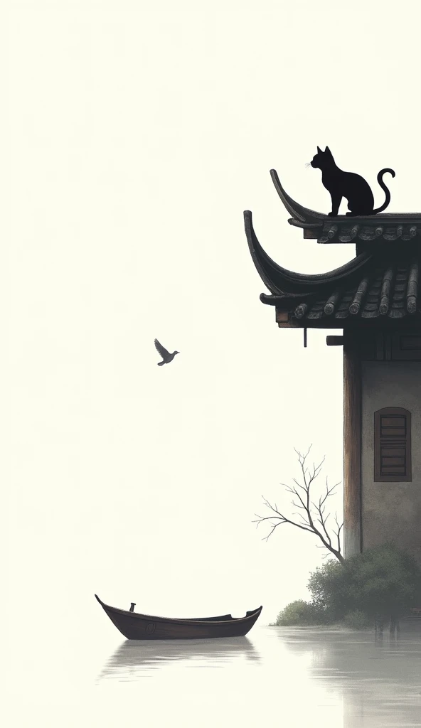 A cat perches on the eaves of an ancient Chinese house, its tail curled up and legs hanging over the edge. A small boat floats in front of it under the red sun. A single bird flies around. The background features white space, creating a minimalist ink painting style. The scene has high resolution and high definition, with no text or characters appearing. This scene embodies traditional Asian aesthetics.