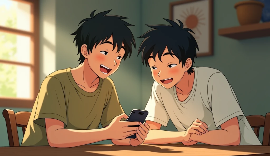 A scene depicting a conversation between two young men. One man is showing something on his cellphone to the other. Their expressions should reflect engagement and interest in the discussion. The art style should be reminiscent of Studio Ghibli, with detailed, expressive characters and a warm, inviting background,,estilo da arte do studio ghibli.