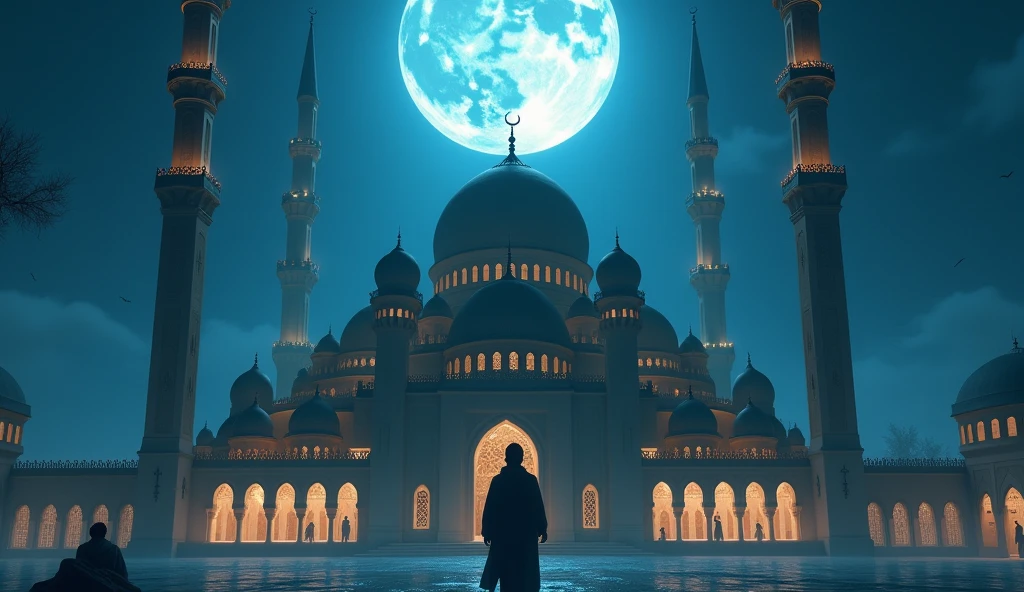 (Islamic horror story title : Shadows in the third part of the night)

Scene 8: Conclusion and Reflection - Setting and Atmosphere : The magnificent mosque under the bright moonlight, with clear skies. A peaceful village atmosphere should be visible in the background..
  
- Main Characters : Hassan who stood staring in front of the mosque, with stronger conviction. Focus on Hassan who is looking at the sky, showing reflection and peace.