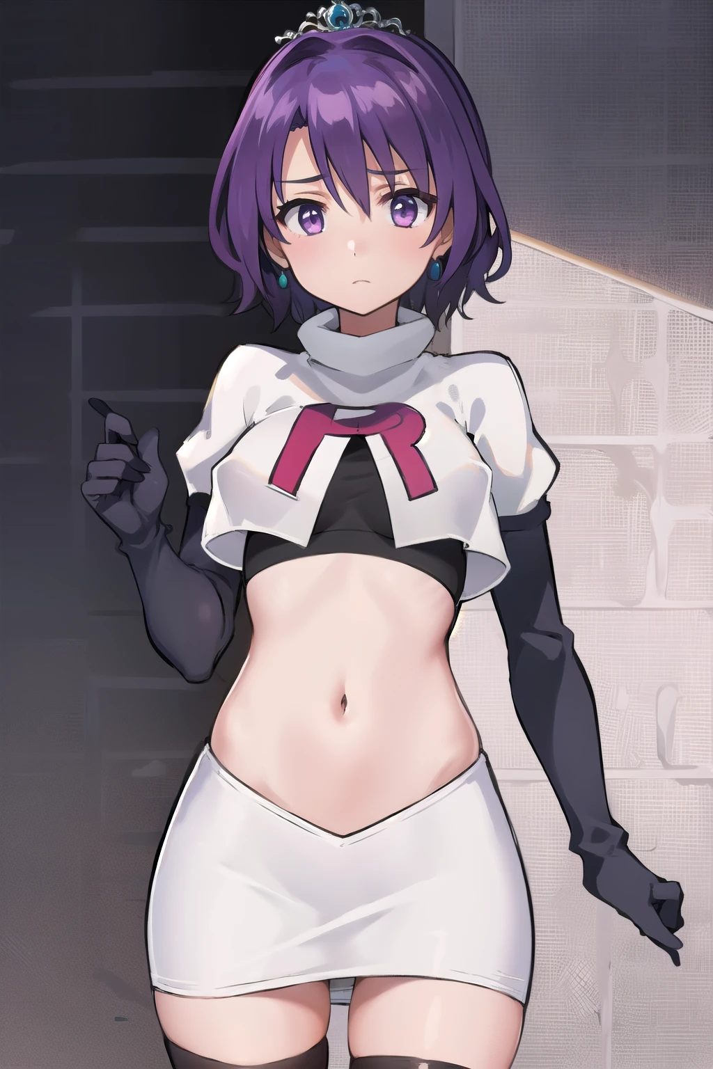 best quality, (masterpiece:1.2), illustration, absurdres,
(1girl, solo), (beautiful detailed girl), 
Klaudia von Auslese, purple_hair, short_hair, purple_eyes, small_breasts, timid, (shy:0.8),
jewelry, silver tiara, team rocket,team rocket uniform,white skirt,red letter R,crop top,black thigh-highs,black elbow gloves, looking at viewer,
