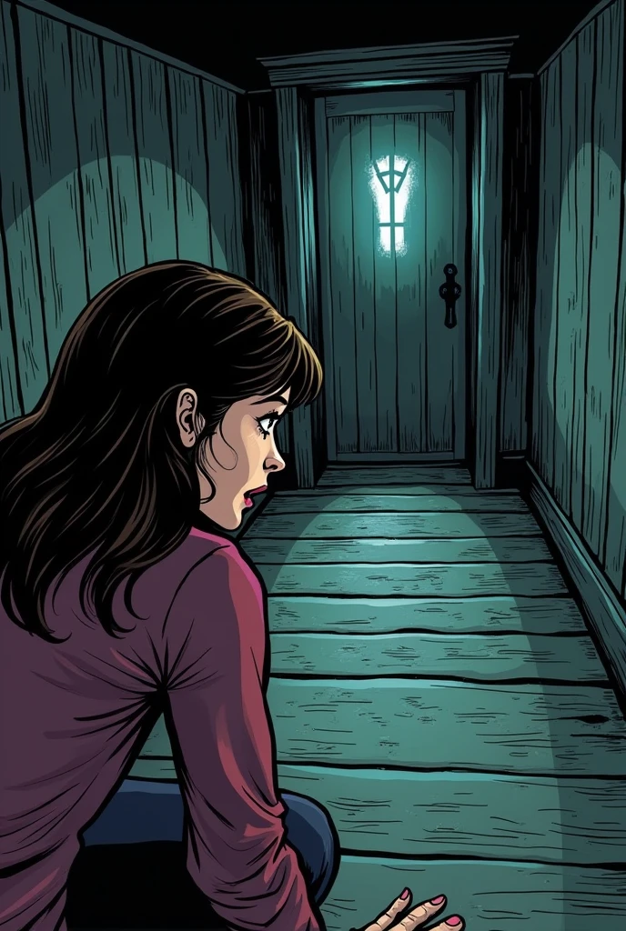 Create a comic-style horror image inspired by the following text: Sarah with a scared expression, looking towards the basement door. The wood floors look old and worn..