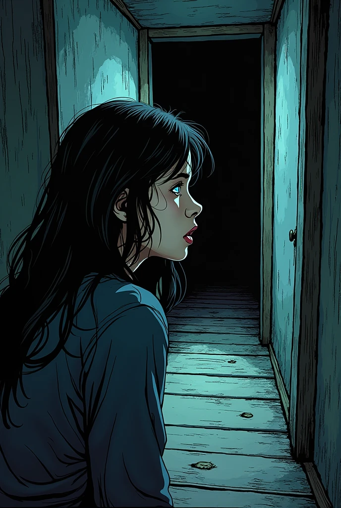 Create a comic-style horror image inspired by the following text: Sarah with a scared expression, looking towards the basement door. The wood floors look old and worn..