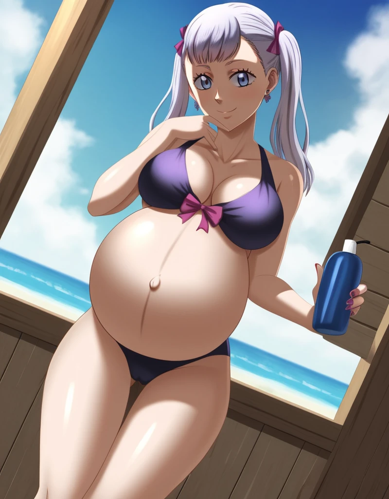 noelle_blackclover, Noelle Silva, Black Clover, long silver hair, waist-length hair, half-up half-down hairstyle, ribbon, side-parted bangs, almond-shaped blue eyes, high-quality, ultra-detailed, beast quality, 8K resolution,
looking at viewer, dutch angle, cowboy shot, smile, pregnant belly, large belly, big belly, big Breasts, belly button, Earrings, Tight clothing,
1girl,solo, indoors, beach, happy, Smiling, rub belly, selfing,
full body, Nail polish, Shiny skin