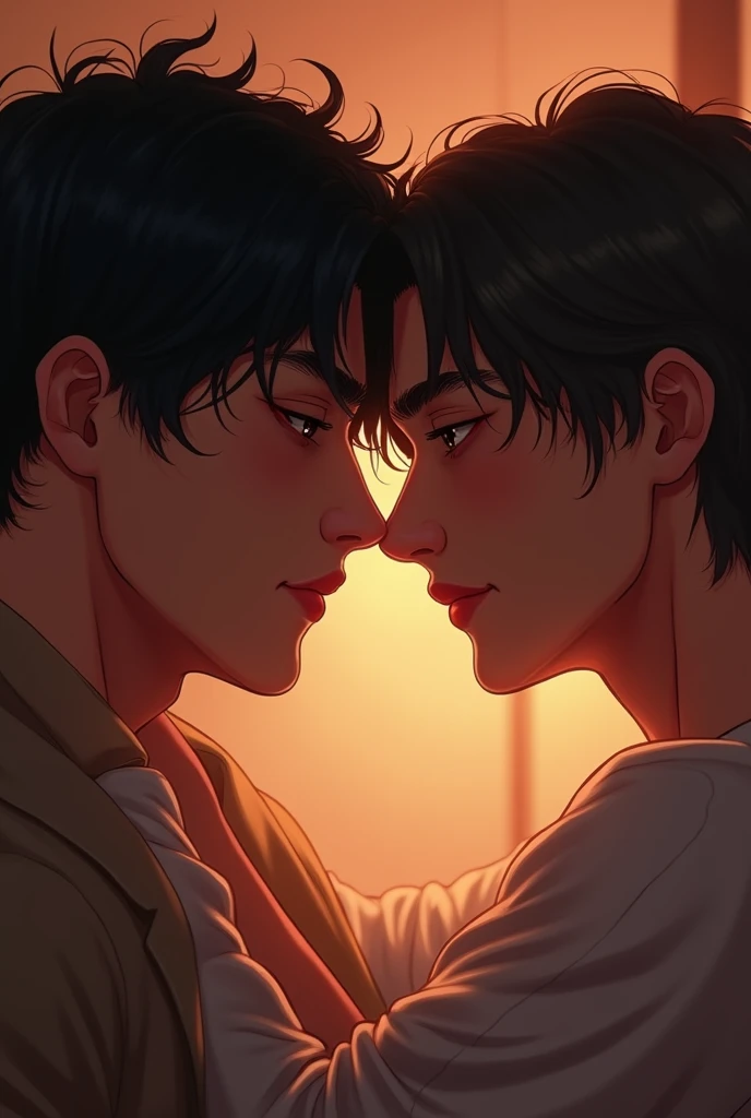 Close-up of Jungkook touching his forehead to Taehyung's and they look at each other with desire. They're gay, and Taehyung's hair is a little lighter than Jungkook's.