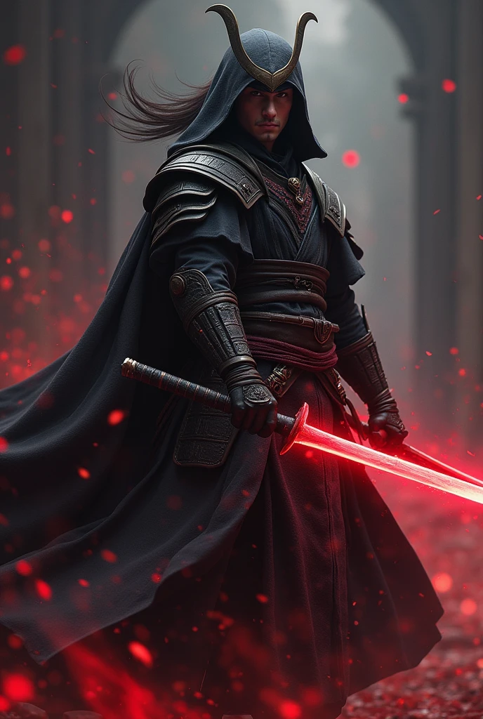 A samurai using a red shock katana, wearing a black overcoat. RPG style