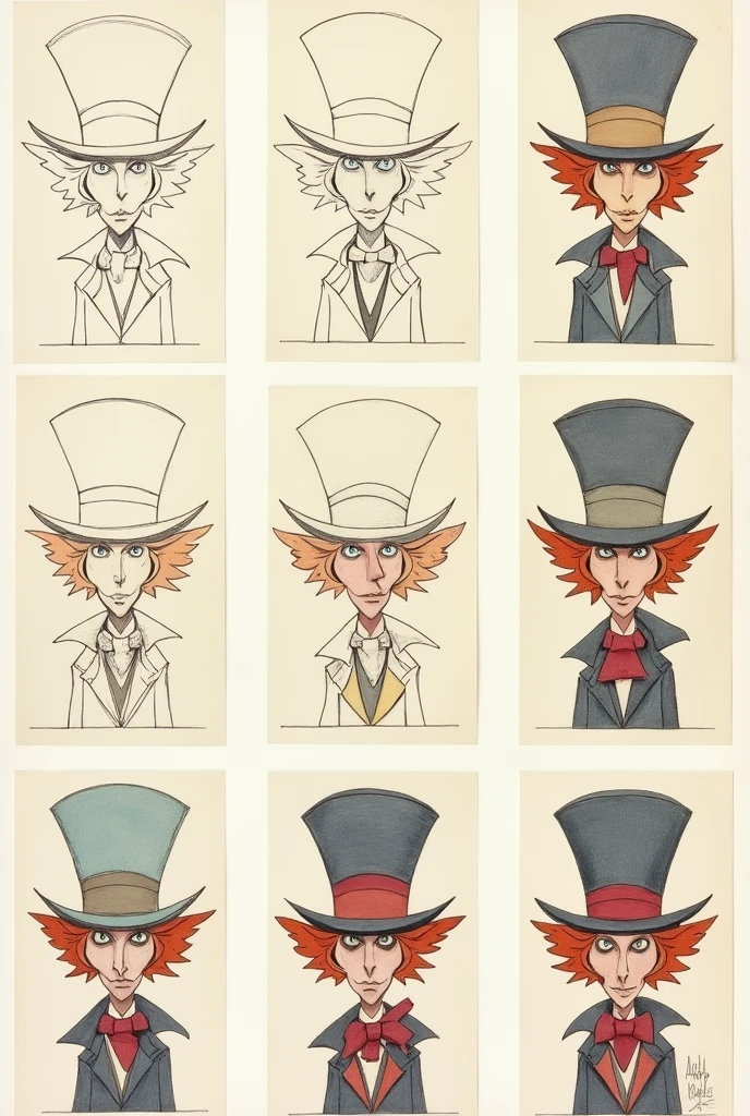  “Create a series of twelve boxes showing the progressive process of drawing the Mad Hatter from Alice&#39;s Adventures in Wonderland, Following Picasso&#39;s technique in Bull&#39;s Head. Each box must show a stage of the drawing&#39;s development with a cubist and abstract style., breaking down the character into simplified geometric shapes and using Picasso&#39;s gradual approach:

	1.	Box 1: Draw an initial sketch with basic geometric shapes, like circles and lines to outline the hat and head, similar to Picasso&#39;s abstract approach.
	2.	Box 2: Add more geometric shapes to define the structure of the face and hat., following the cubist pattern of decomposition and reconfiguration.
	3.	Box 3: Introduce basic shapes for eyes and mouth, using geometric lines and curves to suggest expression without detail.
	4.	Box 4: Define the hat with more precise geometric shapes and add the &#39;10 poster/6’, maintaining the abstract aesthetic.
	5.	Box 5: Add geometric details to the face, like eyebrows and a smile, using simple and abstract forms that reflect cubist technique.
	6.	Box 6: Outline the body with geometric shapes for clothing, like triangles and rectangles, without going into specific details.
	7.	Box 7: Introduces basic shapes for arms and hands, maintaining the cubist and abstract style, with lines and geometric shapes.
	8.	Box 8: Add simple shading using areas of solid color and geometric patterns, applying shadows in defined shapes.
	9.	Box 9: Shading continues, adjusting areas of shadow and color to add depth, but maintaining geometric simplicity.
	10.	Box 10: Apply flat colors to defined areas, using solid colors and delimited by geometric shapes, without mixing details.
	11.	Box 11: Add additional color details and shadows, using solid color techniques and geometric contrast