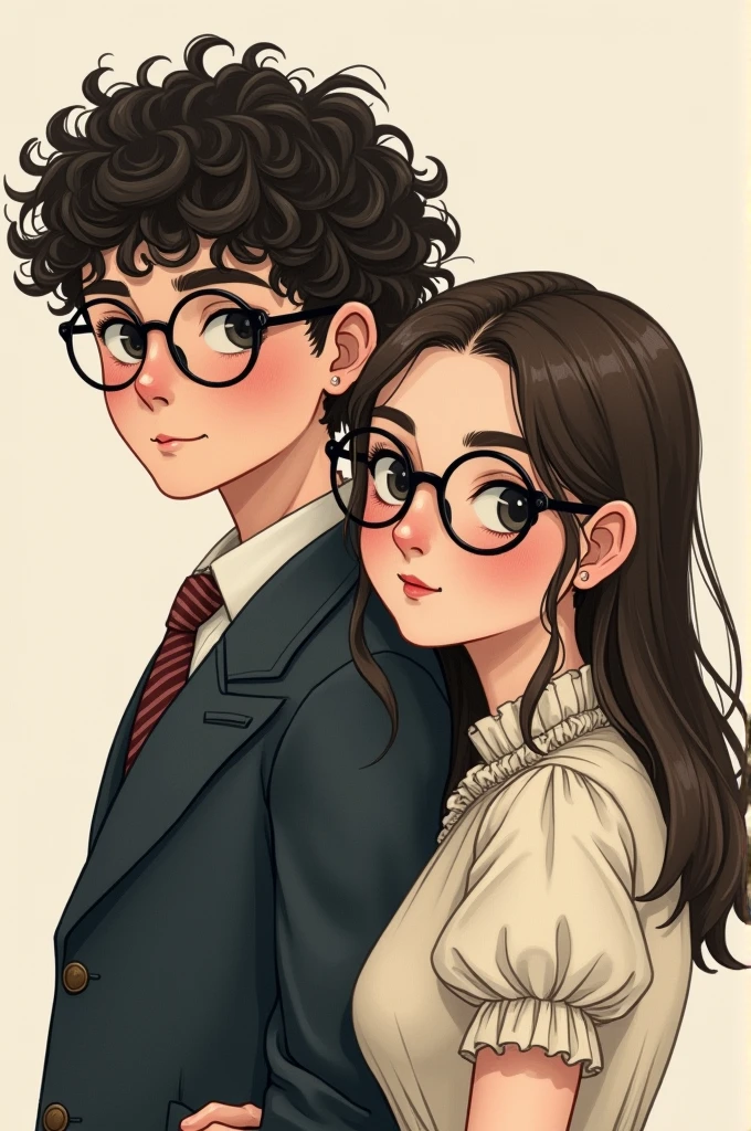 Victorian style illustration of a white couple,Black curly haired boy with glasses next to a straight haired girl with glasses 