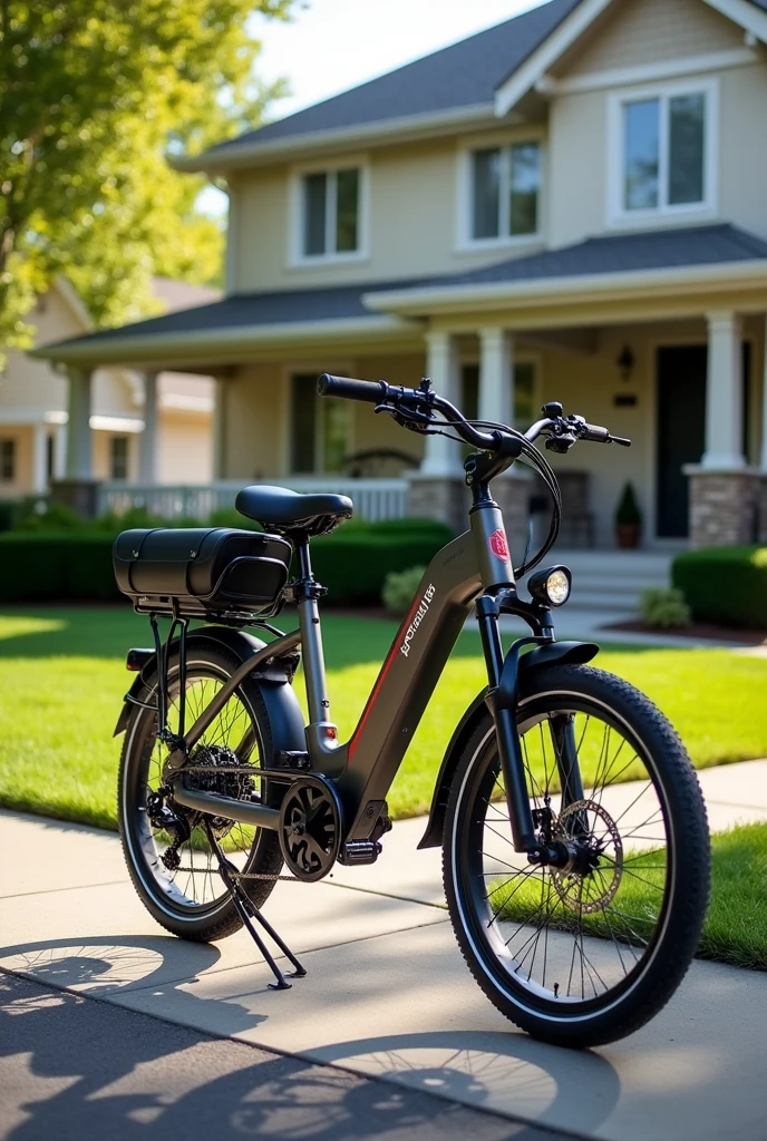 Show a delivery bike parked in front of a house