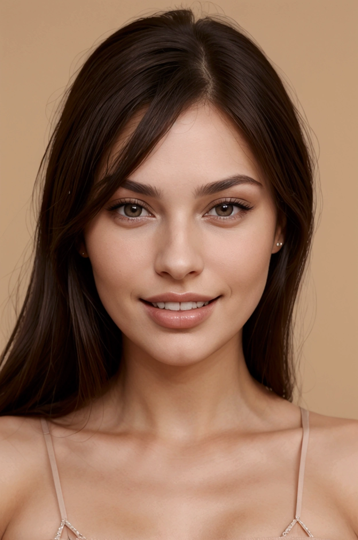 brunette woman, frontal photo, sexy look, europea, perfect teeth