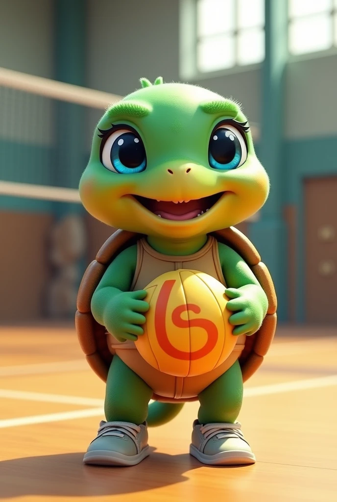 Waku, an adorable turtle with vibrant green skin and a rich brown shell, looks up with bright blue eyes shining with excitement, as if celebrating a triumphant spike, stands on a modern indoor volleyball court, prepared for volleyball training, wearing a small tank top with a stylized orange "LS" logo on the chest, her tiny tennis shoes laced up and ready for the next serve with a volleyball in her hands, capturing the essence of her joyful and competitive spirit , with soft, warm lighting that casts a comforting glow on the overall scene.