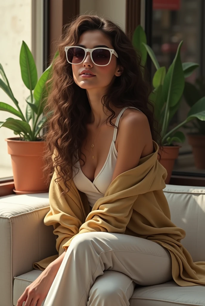 (photorealism:1.2), beautiful woman, curly hair, shopping clothes, at mall, wearing sunglasses, relaxed pose, realistic, intricate details, warm colors