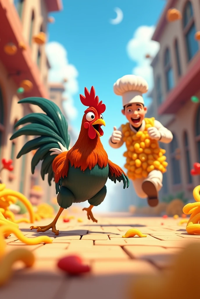 A 3d anime photo, of a desperate rooster running away from a chef dressed as a macaroni