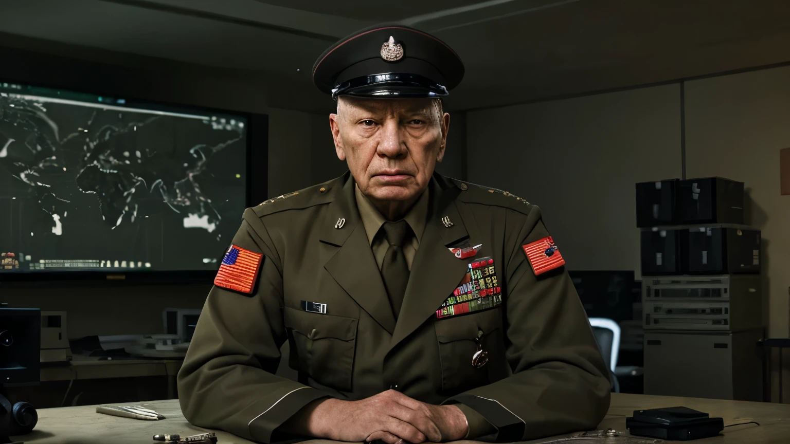 In a strategic operations room, an elderly general, with an imposing presence, He is in front of a large map spread out on a table.. With a firm and determined look, gives the signal to activate the launch of a bomb. your uniform, decorated with medals and badges, reflects his rank and experience. Around it, Military personnel follow their orders precisely, adjusting controls and preparing systems. The room is lit by cold lights and the atmosphere is tense., reflecting the gravity of the decision you are about to make. The bomb is ready to be dropped, marking a crucial point in the development of the operation.

---