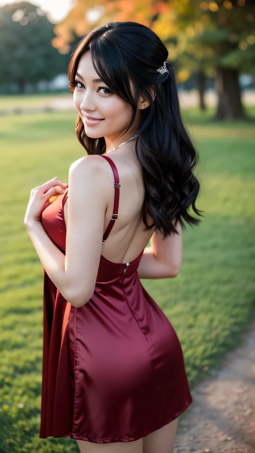 Realistic full body photo of a smiling Japanese woman with black hair and long hair, She dances in front of the camera in a long A-line dress with straps made of shiny red satin., Park,glamour fotoshooting, Wedding celebration, perfect anatomy, perfect brown eyes. Perfect hands with 5 fingers on each hand, Matching girl, looking at the camera, 1 Frau. (Eye make up:1.1), (highly detailed skin:1.1), spirit, analog style, keen focus, 8K UHD, dslr, good quality, Fujifilm XT3, Grain, Award-winning, masterpiece. Wedding celebration. She stands in the park and looks over her shoulder into the camera. back