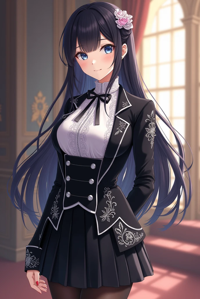 ANIME GIRL NOBLE WOMAN WITH BLUE EYES, BLACK HAIR, DREESING A ANIME GIRL NOBLE WOMAN WITH BLUE EYES, BLACK HAIR, DREESING For girls .Blouse:
Style: Blouse with a high collar and long puff sleeves. The body of the blouse is fitted at the waist, with a slight flare at the bottom. The sleeves have a delicate gather at the shoulders and cuffs fitted with silver buttons.
Fabric: High-quality satin or silk.
Main Color: Black.
Details: Silver embroidery decorates the collar and cuffs, creating an elegant contrast. On the front, the blouse has a decorative silver button fastening.
Ribbon: Silver satin ribbon, tied in a bow at the base of the high collar.
Blazer:
Style: Short, fitted blazer, with a high waistline and a slight train at the back. The lapels are wide and rounded, accentuating the feminine and distinguished cut.
Fabric: Black velvet or lightweight wool.
Main Color: Black.
Details: The lapels and sleeves are adorned with silver embroidery in elegant patterns. The Solaria emblem is embroidered in silver on the left chest, and the buttons are silver with decorative embossing. The blazer has a satin silver lining, which adds a luxurious contrast when open.
Accessories and Complements:
Skirt:
Style: Pleated skirt that falls just above the knee.
Main Color: Black.
Details: Silver stripe at the hem or subtle silver embroidery.
Tights:
Style: Black tights, covering the entire leg up to the waist, with no additional details.
Shoes:
Style: Leather Mary Jane shoes.
Main Color: Black.
Details: Silver, such as a buckle or a small emblem. full body
