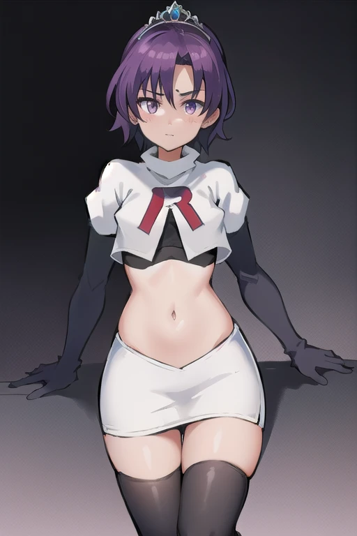 best quality, (masterpiece:1.2), illustration, absurdres,
(1girl, solo), (beautiful detailed girl),
Klaudia von Auslese, purple_hair, short_hair, purple_eyes, small_breasts, timid, (shy:0.8),
jewelry, silver tiara, team rocket,team rocket uniform,white skirt,red letter R,crop top,black thigh-highs,black elbow gloves, looking at viewer,