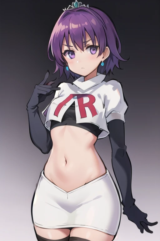 best quality, (masterpiece:1.2), illustration, absurdres,
(1girl, solo), (beautiful detailed girl), 
Klaudia von Auslese, purple_hair, short_hair, purple_eyes, small_breasts, timid, (shy:0.8),
jewelry, silver tiara, team rocket,team rocket uniform,white skirt,red letter R,crop top,black thigh-highs,black elbow gloves, looking at viewer,
