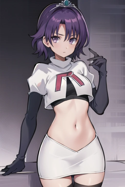 best quality, (masterpiece:1.2), illustration, absurdres,
(1girl, solo), (beautiful detailed girl),
Klaudia von Auslese, purple_hair, short_hair, purple_eyes, small_breasts, timid, (shy:0.8),
jewelry, silver tiara, team rocket,team rocket uniform,white skirt,red letter R,crop top,black thigh-highs,black elbow gloves, looking at viewer,