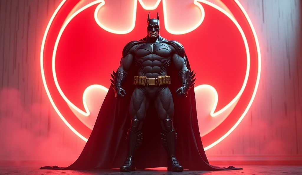 Batman (Dc comics), a giant red neon sign on white, hiperrealisitics, realisitic, a very muscular body in the renatosphere, epic 3D realism, swollen muscles, large fists, best in wlop, kan liu, daz3d, trends in CGsociety, estilo realisitic hiperdetalhado, completo cosplay, by Ric Nagualero, album, hyung tae kim, 8k, irreal engine 5, film composition, retratos realisitics hiperdetalhados, 3D game art, CG Society, Fantasyart, hd art of season, estética realisitic, cinematic lighting, border light, smooth light, border light de filme, fine glow, ultradetailed, 8k, uso realisitic de luz e cor, cinematic light, rendered in cinema4d 500–1000 AD -- ar 3:4- Niji 6