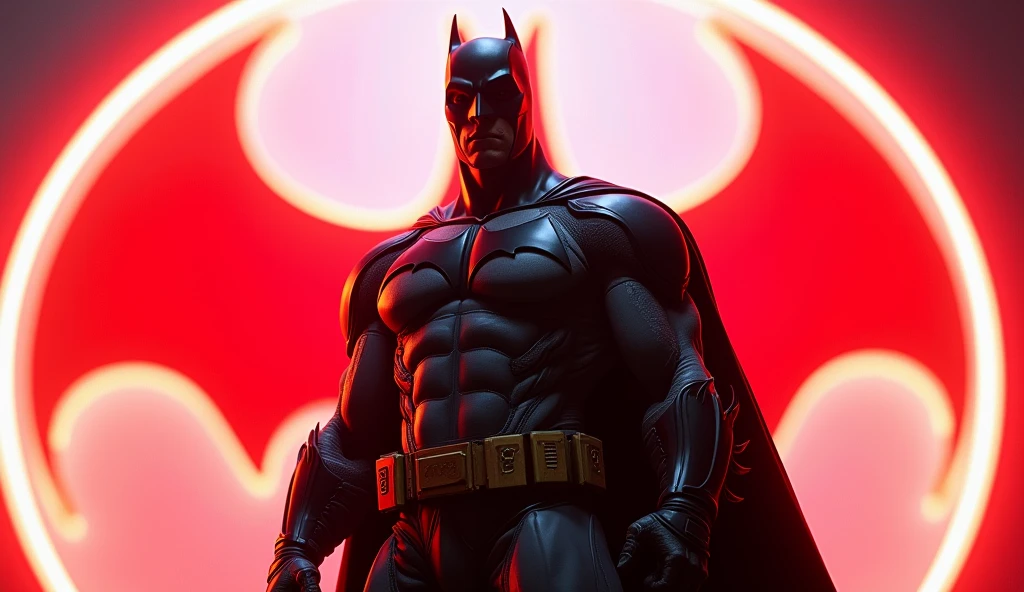 Batman (Dc comics), a giant red neon sign on white, hiperrealisitics, realisitic, a very muscular body in the renatosphere, epic 3D realism, swollen muscles, large fists, best in wlop, kan liu, daz3d, trends in CGsociety, estilo realisitic hiperdetalhado, completo cosplay, by Ric Nagualero, album, hyung tae kim, 8k, irreal engine 5, film composition, retratos realisitics hiperdetalhados, 3D game art, CG Society, Fantasyart, hd art of season, estética realisitic, cinematic lighting, border light, smooth light, border light de filme, fine glow, ultradetailed, 8k, uso realisitic de luz e cor, cinematic light, rendered in cinema4d 500–1000 AD -- ar 3:4- Niji 6