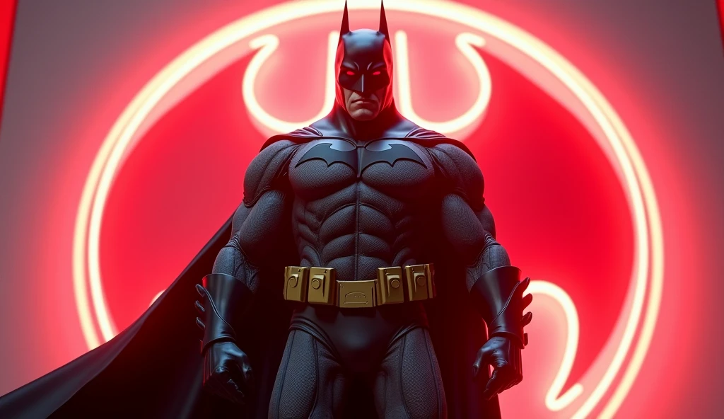 Batman (Dc comics), a giant red neon sign on white, hiperrealisitics, realisitic, a very muscular body in the renatosphere, epic 3D realism, swollen muscles, large fists, best in wlop, kan liu, daz3d, trends in CGsociety, estilo realisitic hiperdetalhado, completo cosplay, by Ric Nagualero, album, hyung tae kim, 8k, irreal engine 5, film composition, retratos realisitics hiperdetalhados, 3D game art, CG Society, Fantasyart, hd art of season, estética realisitic, cinematic lighting, border light, smooth light, border light de filme, fine glow, ultradetailed, 8k, uso realisitic de luz e cor, cinematic light, rendered in cinema4d 500–1000 AD -- ar 3:4- Niji 6