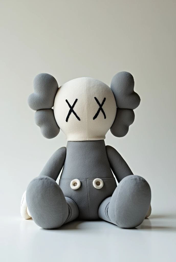 A  shot of a grey Kaws-style plush toy of a seated figure with one leg raised. The figure is sitting sideways and has a large X on its chest. The background is plain.