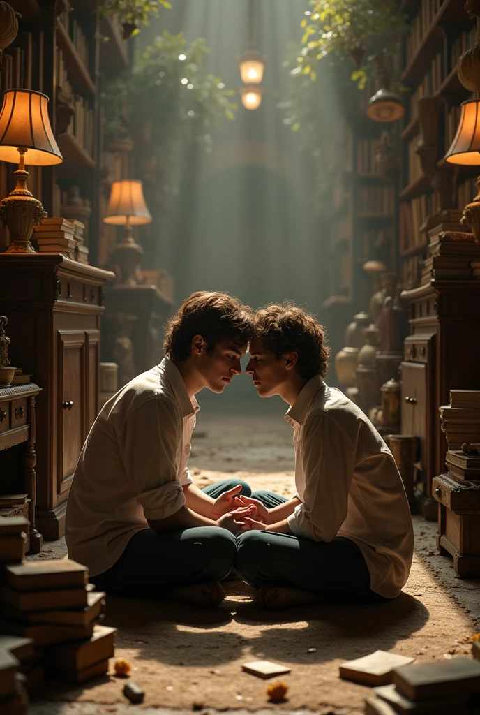 A young man who looks like actor Timothée Chalamet and another young man who looks like actor Leo Woodwall sit next to each other cross-legged on the floor of an antiques house that looks like a large library or a treasure trove with old furniture for sale, in a very intimate moment between them.