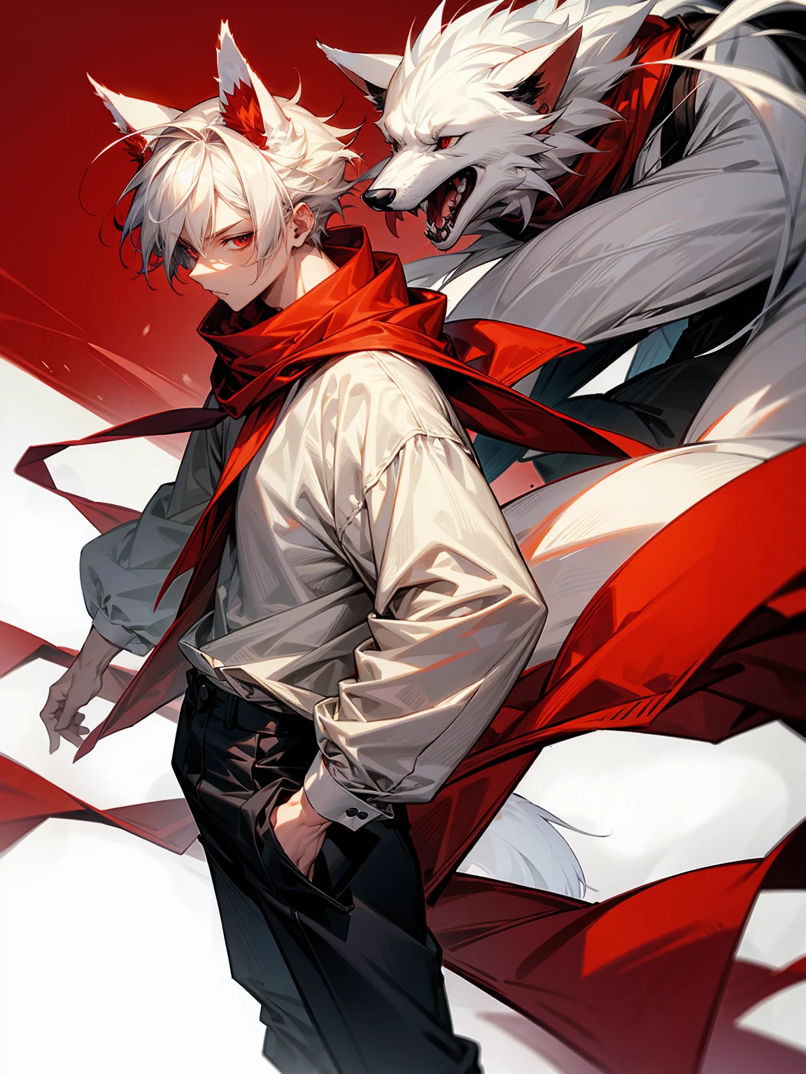 1male, Adult, Long White Hair, White Baggy Long Sleeve Shirt, Baggy Black Pants, Red Eyes, Red Scarf, Earring, Masculine, Spikey Hair, Beast Arm, Dog Ears