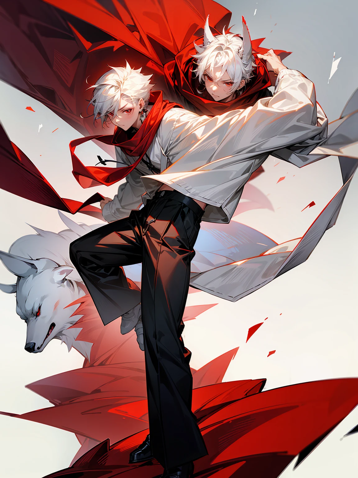 1male, Adult, Long White Hair, White Baggy Long Sleeve Shirt, Baggy Black Pants, Red Eyes, Red Scarf, Earring, Masculine, Spikey Hair, Beast Arm, Dog Ears