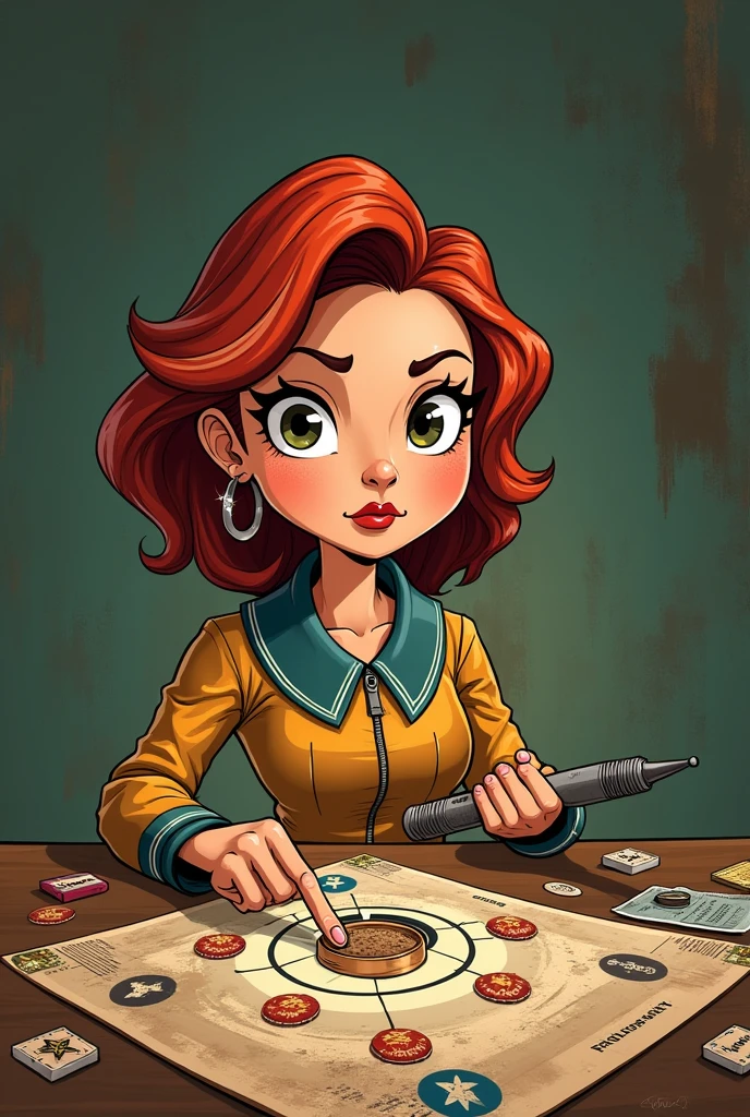 Valentine Tereshkova in cartoon board game style mafia with dark beige and green background