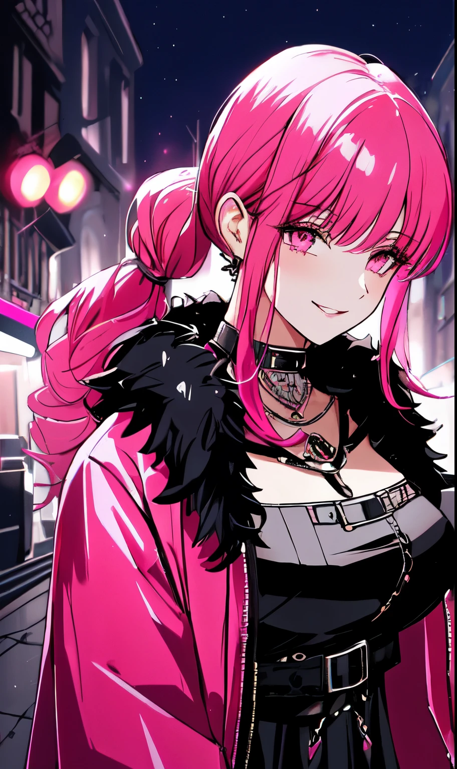 A beautiful gothic woman with long hot pink hair (haircut with bangs and ponytail), Latin eyes, smiling sweetly, wearing a stylish cyberpunk neon pink dress and a long fur jacket, Empty background of candlelit medieval street