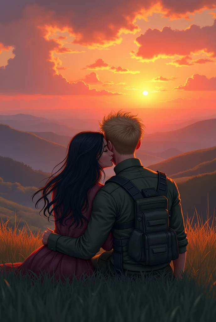 create a scene of a sunset from the top of a hill with a girl with long black hair and hugging her a strong military soldier with blond hair lying on the grass watching the sunset
