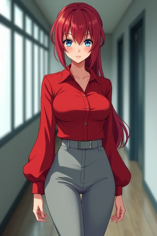Anime Japanese woman, working woman, uniform, red hair, long hair, low ponytail, blue eyes, kimono-like scarlet shirt with large sleeves, oversized light grey slacks, beautiful H-cup breasts, nice butt, office hallway