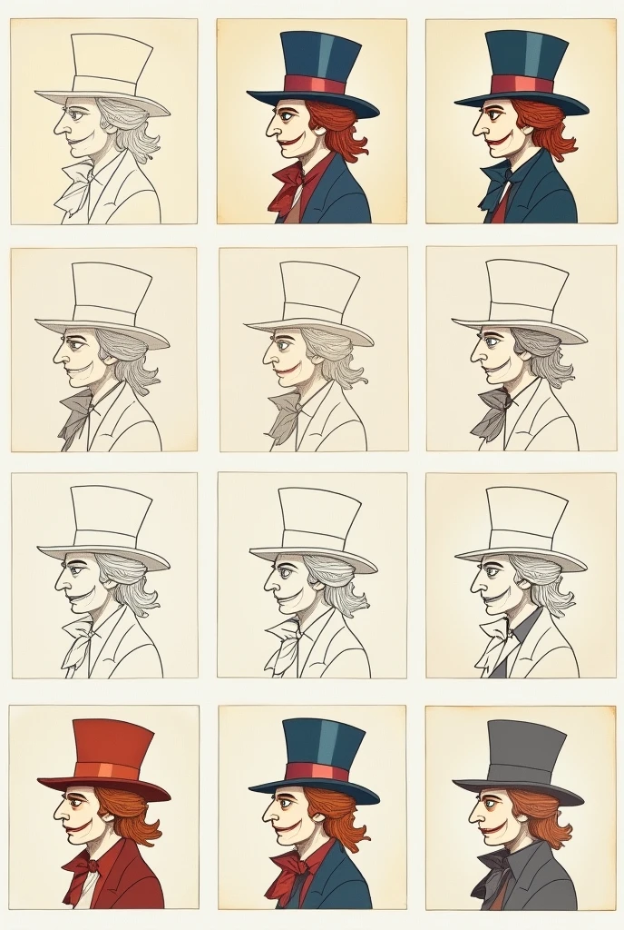 “Create a series of twelve boxes showing the progressive process of drawing the Mad Hatter from Alice&#39;s Adventures in Wonderland, Following Picasso&#39;s technique in Bull&#39;s Head. Each box must show a stage of the drawing&#39;s development with a cubist and abstract style., breaking down the character into simplified geometric shapes and using Picasso&#39;s gradual approach:

	1.	Box 1: Draw an initial sketch with basic geometric shapes, like circles and lines to outline the hat and head, similar to Picasso&#39;s abstract approach.
	2.	Box 2: Add more geometric shapes to define the structure of the face and hat., following the cubist pattern of decomposition and reconfiguration.
	3.	Box 3: Introduce basic shapes for eyes and mouth, using geometric lines and curves to suggest expression without detail.
	4.	Box 4: Define the hat with more precise geometric shapes and add the &#39;10 poster/6’, maintaining the abstract aesthetic.
	5.	Box 5: Add geometric details to the face, like eyebrows and a smile, using simple and abstract forms that reflect cubist technique.
	6.	Box 6: Outline the body with geometric shapes for clothing, like triangles and rectangles, without going into specific details.
	7.	Box 7: Introduces basic shapes for arms and hands, maintaining the cubist and abstract style, with lines and geometric shapes.
	8.	Box 8: Add simple shading using areas of solid color and geometric patterns, applying shadows in defined shapes.
	9.	Box 9: Shading continues, adjusting areas of shadow and color to add depth, but maintaining geometric simplicity.
	10.	Box 10: Apply flat colors to defined areas, using solid colors and delimited by geometric shapes, without mixing details.
	11.	Box 11: Add additional color details and shadows, using solid color techniques and geometric contrast