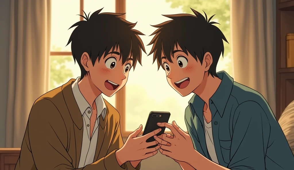 A scene depicting a conversation between two young men. One man is showing something on his cellphone to the other. Their expressions should reflect engagement and interest in the discussion. The art style should be reminiscent of Studio Ghibli, with detailed, expressive characters and a warm, inviting background,,estilo da arte do studio ghibli.