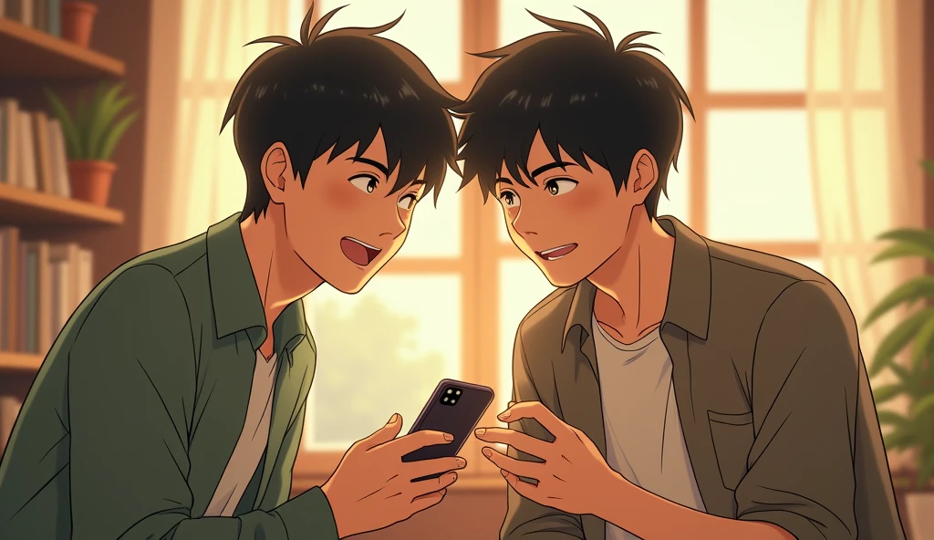 A scene depicting a conversation between two young men. One man is showing something on his cellphone to the other. Their expressions should reflect engagement and interest in the discussion. The art style should be reminiscent of Studio Ghibli, with detailed, expressive characters and a warm, inviting background,,estilo da arte do studio ghibli.
