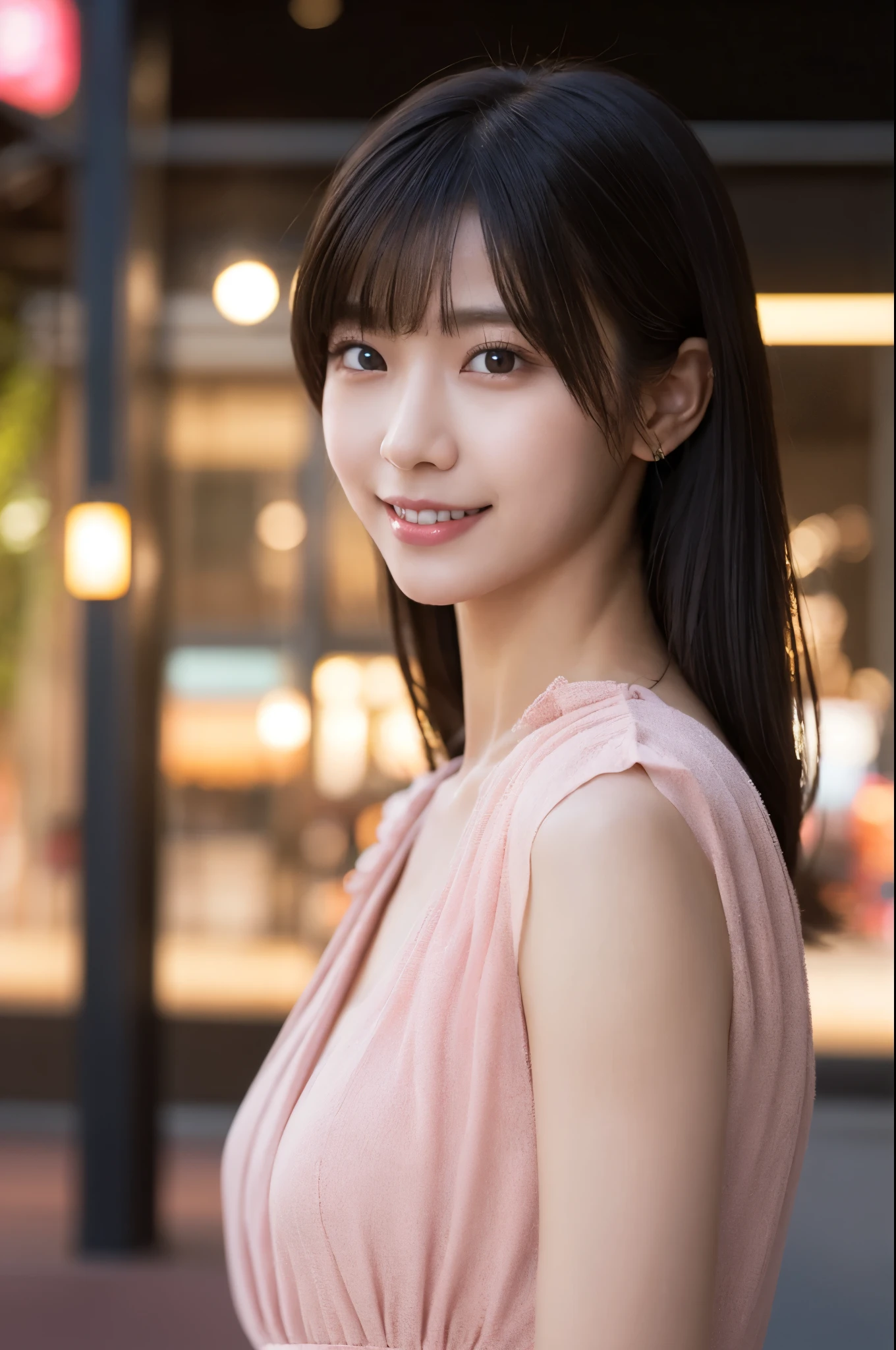 One Girl, (Wearing a pink classy dress:1.2), (RAW Photos, Highest quality), (Realistic, Photorealistic:1.4), Tabletop, Very delicate and beautiful, Very detailed, 2k wallpaper, wonderful, In detail, Very detailed CG Unity 8K 壁紙, Very detailed, High resolution, Soft Light, Beautiful detailed, Very detailed目と顔, Beautifully detailed nose, Beautiful attention to detail, Cinema Lighting, City lights at night, Perfect Anatomy, Slender body, smile